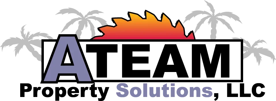 A Team Property Solutions LLC logo with flame graphic and palm tree design elements