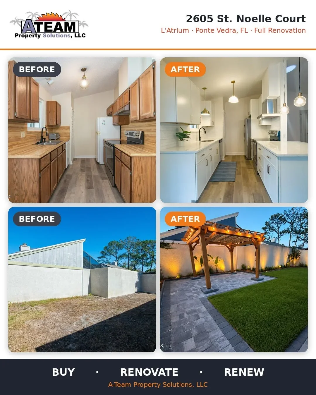 Kitchen remodel with white cabinets and quartz counters; backyard pergola with pavers and landscape lighting