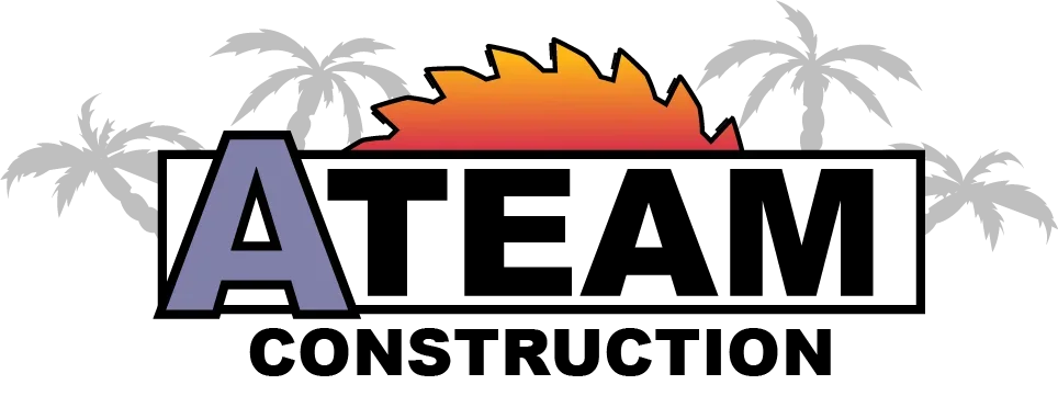 A Team Construction logo with bold lettering, orange-red gradient sun, and palm tree graphics