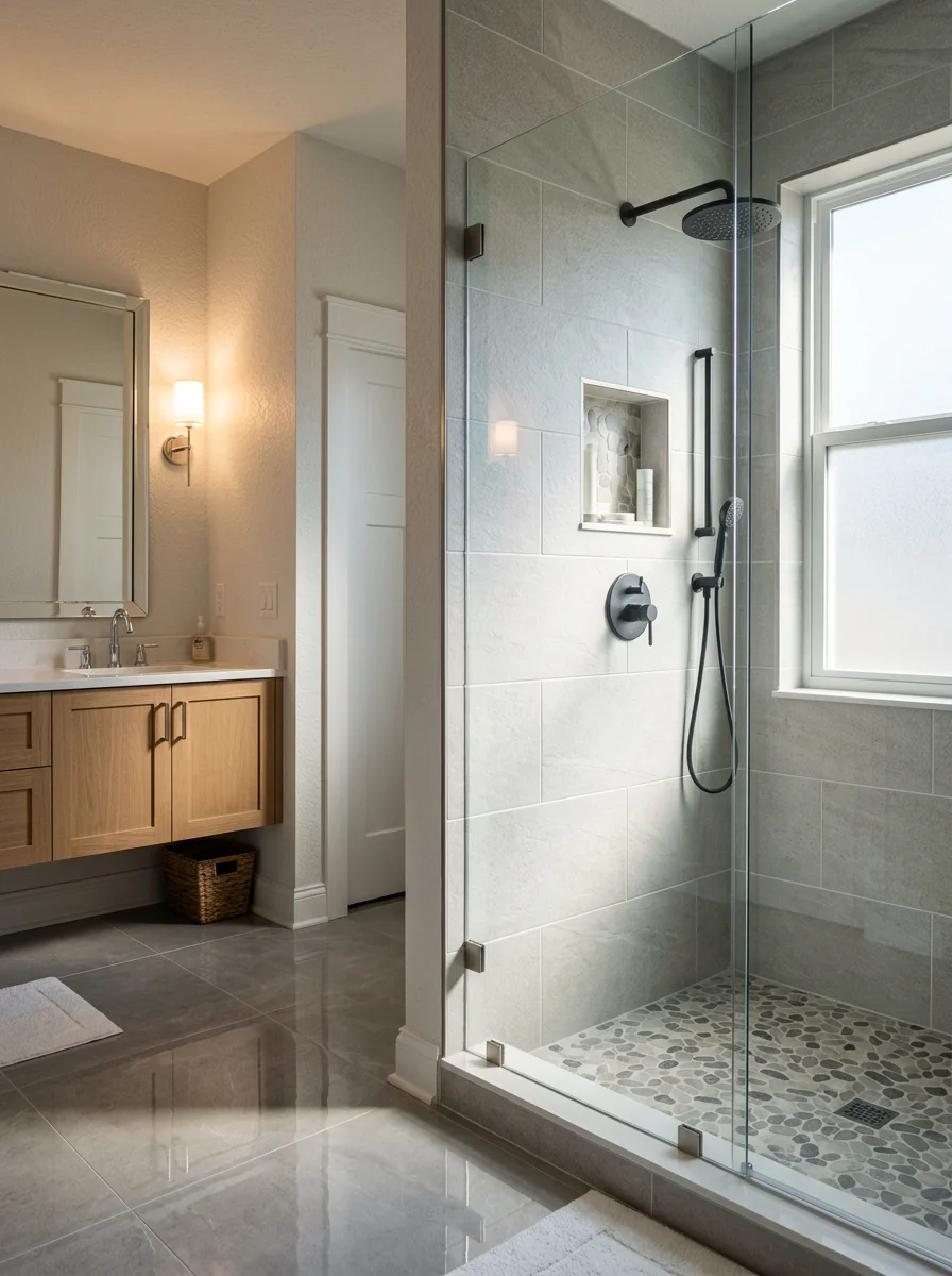 Newly renovated bathroom with tile work and walk-in shower in St. Johns, Florida