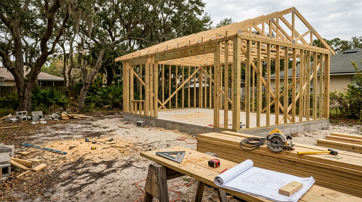 A newly constructed detached accessory building in a residential backyard near Neptune Beach, Florida, with a clean exterior finish and a compact footprint suited to a coastal lot. The structure sits in the rear yard with clear separation from the main home, reflecting local siting standards for the beach communities of Northeast Florida.