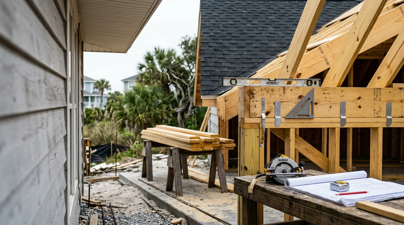 A newly completed home addition on a single-story coastal residence in Neptune Beach, Florida, showing a framed and finished room extension connected to the existing structure. The addition reflects the roofline and exterior finish of the original home.