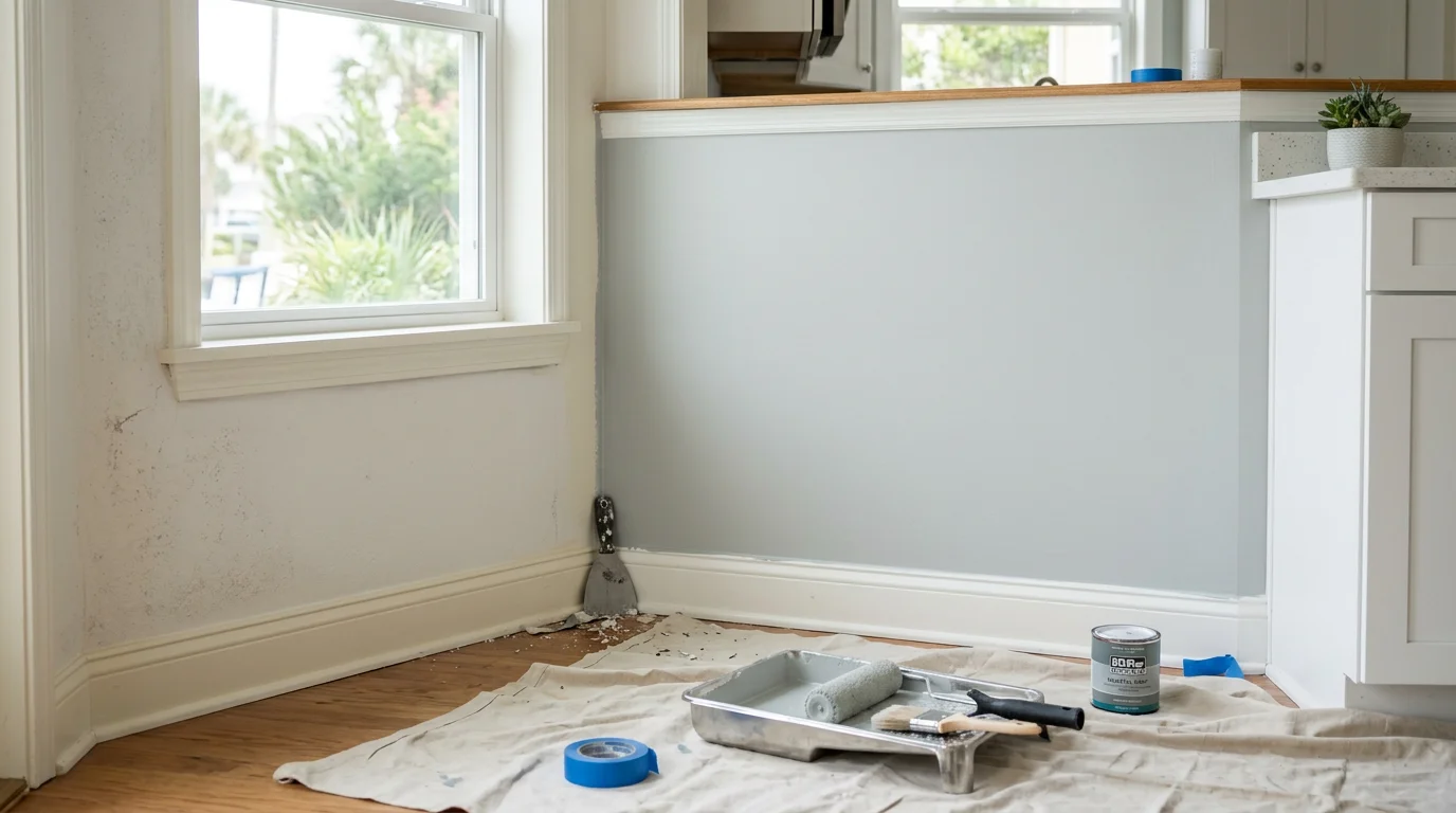 Freshly painted interior living room walls with clean trim lines in a Neptune Beach coastal home. Smooth, even finish on walls and ceiling showing completed indoor painting work.